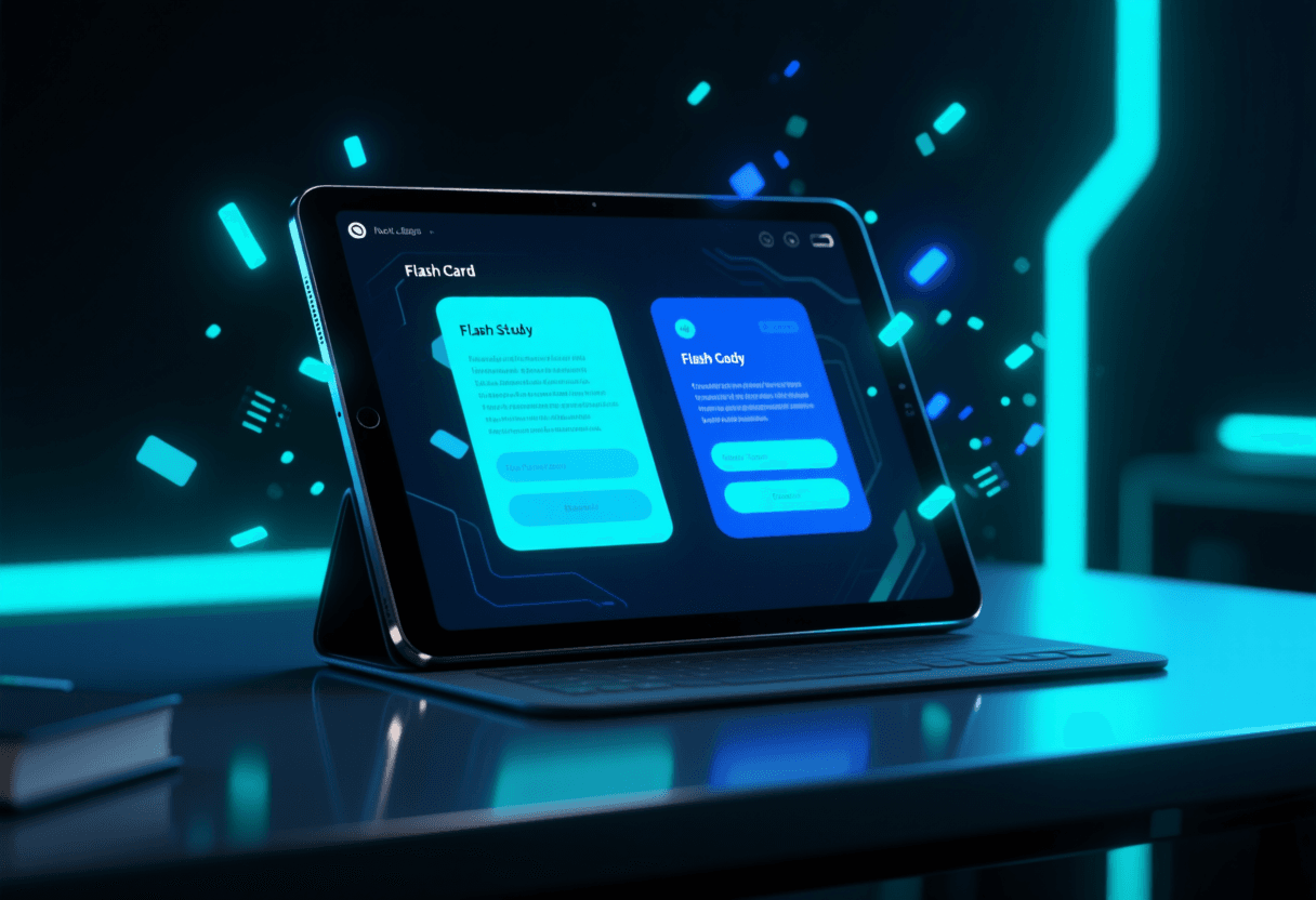 Pantalla de tablet en escritorio oscuro mostrando flashcards de estudio generadas automáticamente por IA con texto en anverso y reverso, partículas de datos azules flotando