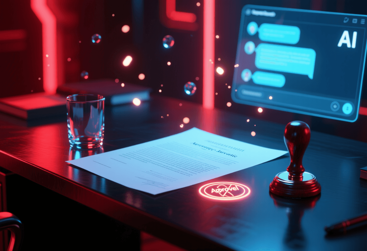 Documento académico sobre escritorio oscuro con sello de aprobación y pantalla de chat de IA al fondo, iluminación cinematográfica rojo azulada